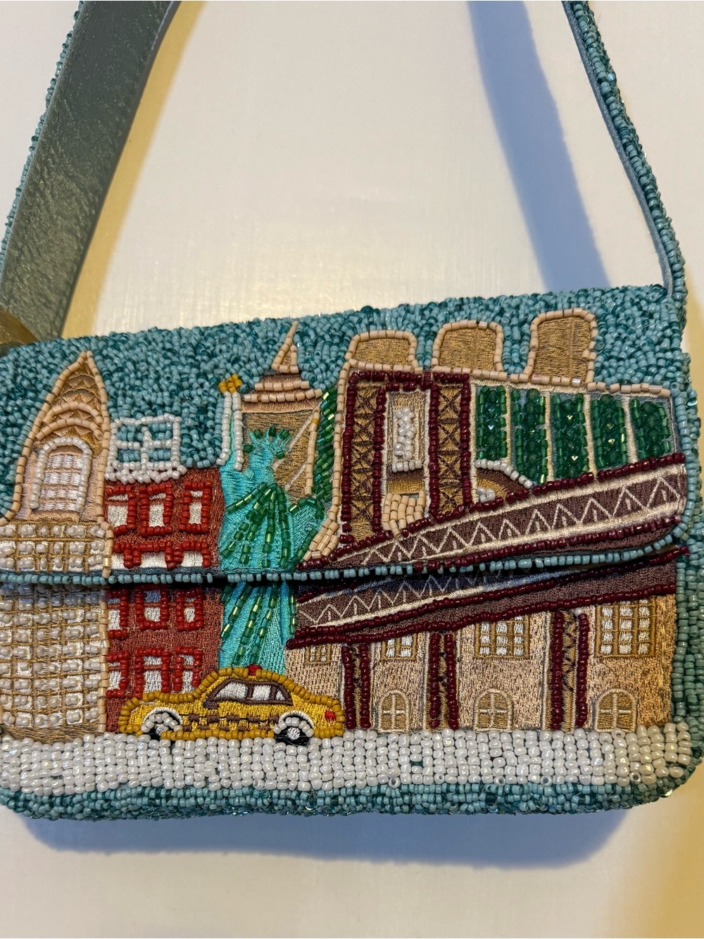 Teal NYC Cityscape Beaded Shoulder Bag, viral bag, New York, Taxi, travel gift